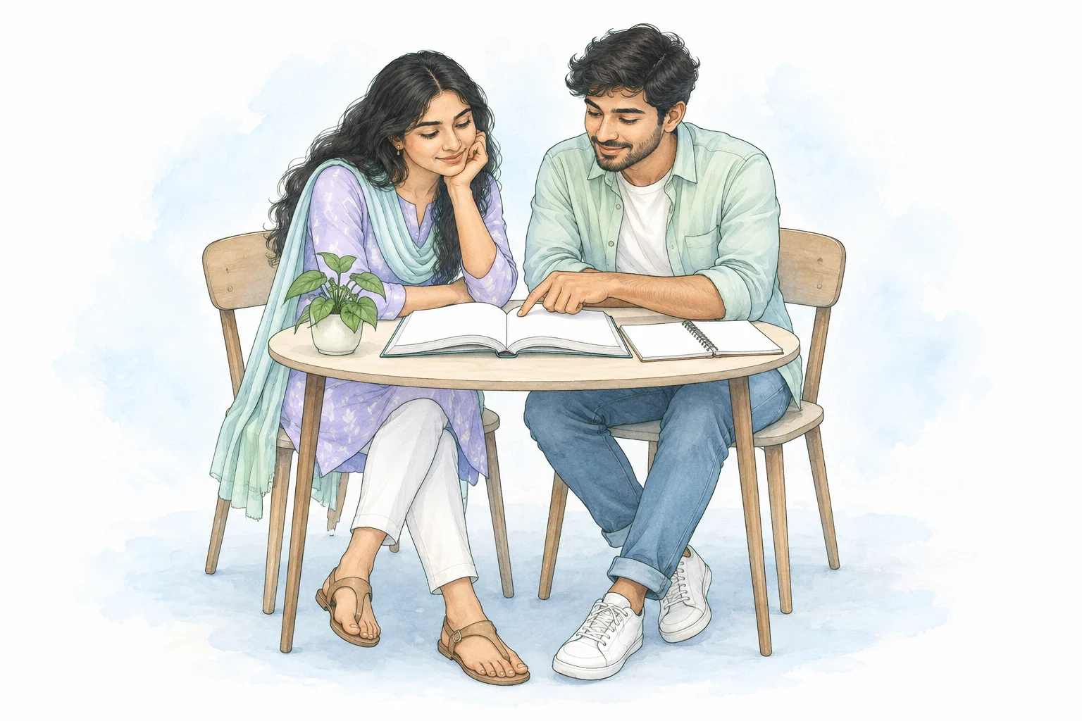 Illustration of two adults learning together from a book.