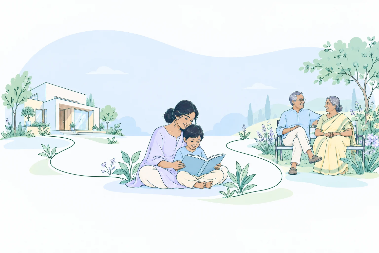 A connected path links a home, a parent reading with a child, and a couple enjoying retirement.